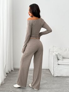 SHEIN PETITE Women's Striped Long Sleeve T-Shirt And Pants Casual 2 Pieces Set - Brown - View 2