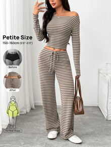 SHEIN PETITE Women's Striped Long Sleeve T-Shirt And Pants Casual 2 Pieces Set - Brown - View 10