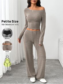 SHEIN PETITE Women's Striped Long Sleeve T-Shirt And Pants Casual 2 Pieces Set - Brown - View 11