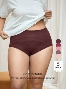 Bralution 5件装女士加大码舒适弹力高腰条纹无缝全覆盖内裤 - 彩色 - 查看 3
