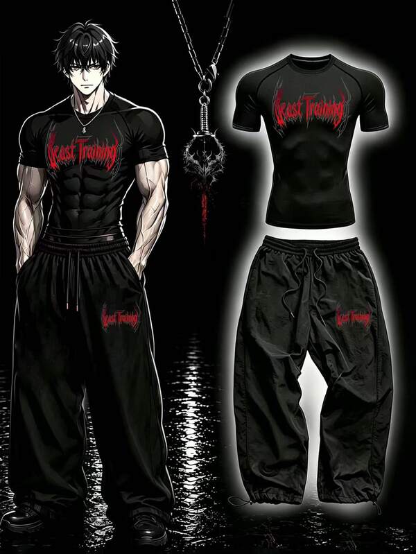 RISE LYT Conjunto deportivo de camiseta con estampado de letras y pantalones largos para hombre