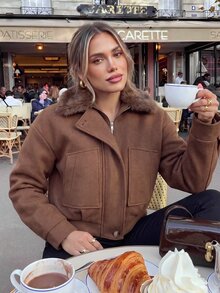 SHEIN Mantel Panjang Premium Warna Cokelat Karamel Ukuran Besar dengan Bahu Longgar dan Kerah Bulu Besar, Mantel Komuter Musim Gugur/Dingin - Hijau Tentara - View 4