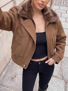SHEIN Mantel Panjang Premium Warna Cokelat Karamel Ukuran Besar dengan Bahu Longgar dan Kerah Bulu Besar, Mantel Komuter Musim Gugur/Dingin - Hijau Tentara - View 2