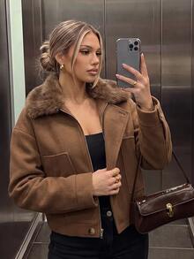 SHEIN Mantel Panjang Premium Warna Cokelat Karamel Ukuran Besar dengan Bahu Longgar dan Kerah Bulu Besar, Mantel Komuter Musim Gugur/Dingin - Hijau Tentara - View 5