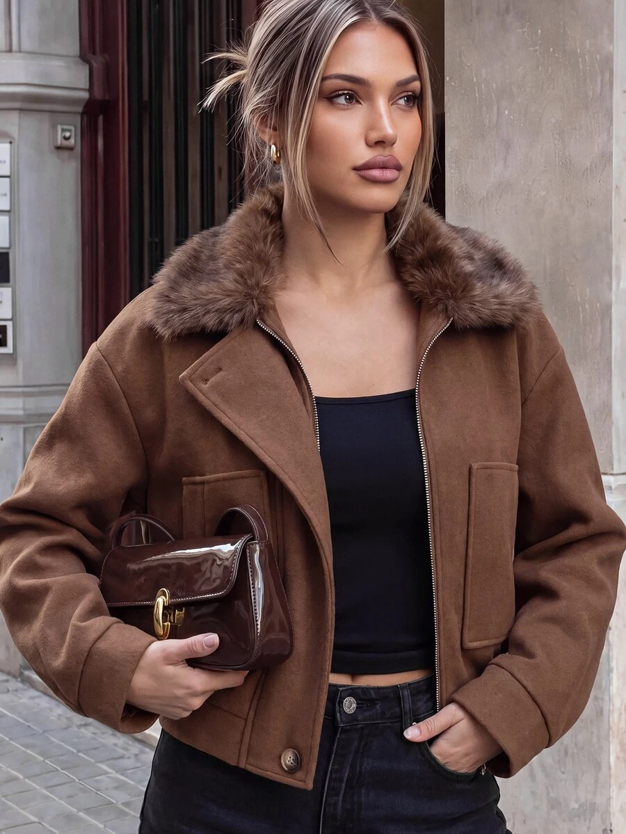 SHEIN Mantel Panjang Premium Warna Cokelat Karamel Ukuran Besar dengan Bahu Longgar dan Kerah Bulu Besar, Mantel Komuter Musim Gugur/Dingin - Hijau Tentara - View 1