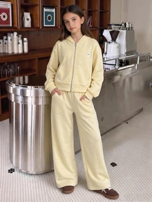 SHEIN 3件組女款大童休閒時尚極簡風背心上衣 + 短版拉鍊連帽外套 + 寬腿長褲套裝，適合日常穿著 - 黃色 - 查看 5