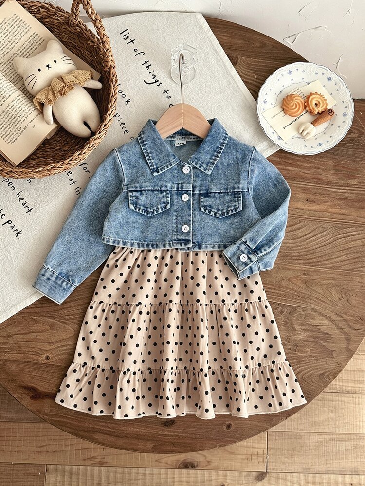 SHEIN Vintaside Kids طقم أميرة باليه للبنات الصغيرات من قطعتين: جاكيت جينز وفستان بطبقات، أزرق وبيج بنقاط بولكا، لطيف وحلو، بحافة مكشكشة وأكمام طويلة وياقة عادية، للحفلات والخريف، دافئ ومريح - كاكي - مشاهدة 8