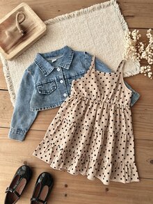SHEIN 2件組幼女牛仔夾克層次洋裝，可愛甜美藍色米色荷葉邊下擺長袖翻領，派對畢業居家秋季舒適芭蕾風休閒套裝 - 卡其色 - 查看 7