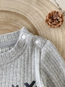SHEIN 新生兒微笑臉圖案圓領長袖上衣與長褲休閒日常穿搭套裝 - 灰色 - 查看 8