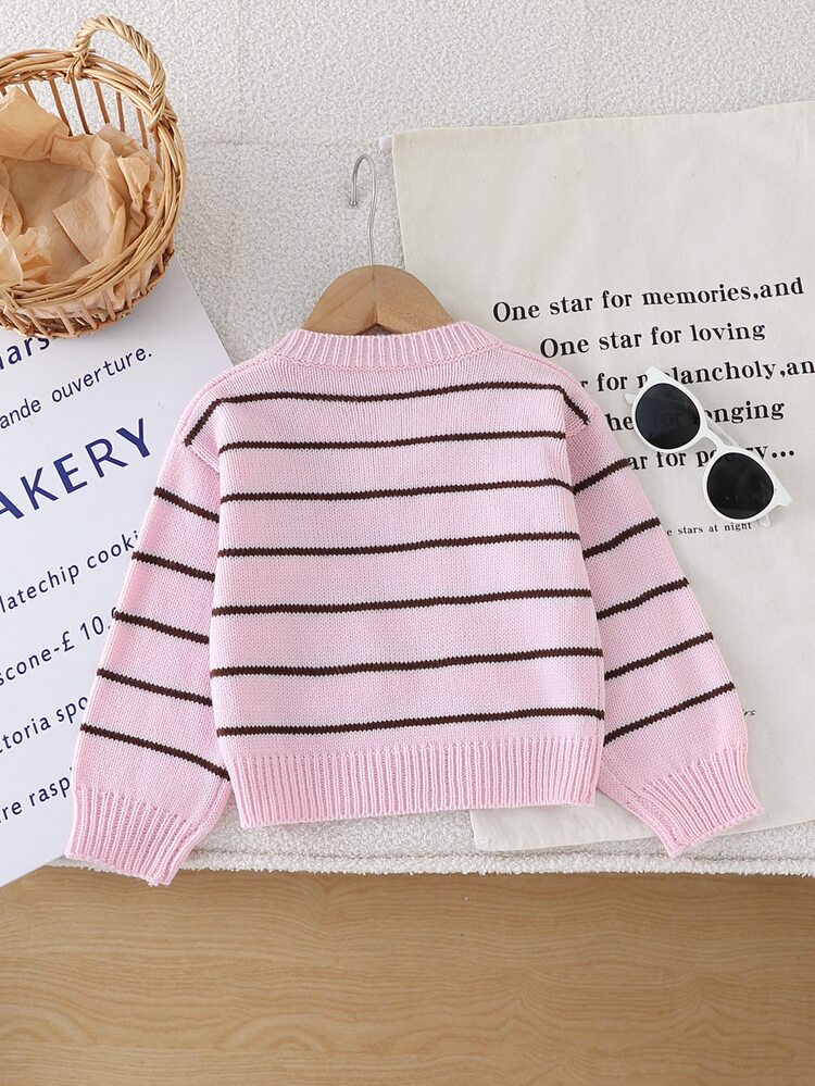 SHEIN 1pc Young Girl Sweater, Fashionable Versatile V-Neck Classic Color Block Striped Black Horse Embroidery Pattern, Fresh Cute Style, Regular Thickness, Neat Hem, Snug Cuffs, Soft Skin-Friendly Texture, Delicate Knit Pullover, Suitable For Daily Wear, School, Travel, Autumn/Winter - Pink - View 2