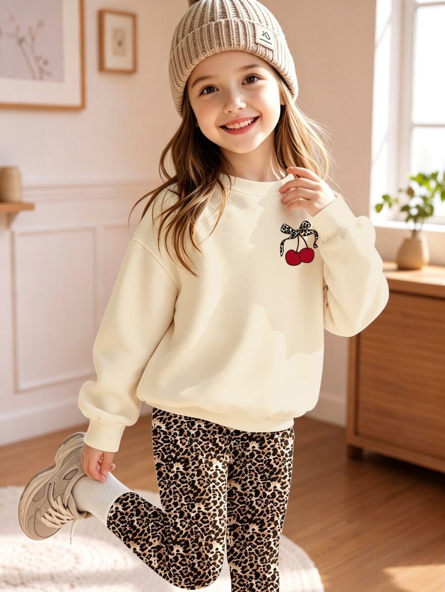 Young Girls Fall Leopard Print Bow Cherry Graphic Crew Neck Sweatshirt & Leopard Leggings Matching Set, Autumn Outfit - Multicolor - View 1
