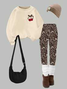Young Girls Fall Leopard Print Bow Cherry Graphic Crew Neck Sweatshirt & Leopard Leggings Matching Set, Autumn Outfit - Multicolor - View 4