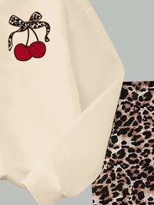 Young Girls Fall Leopard Print Bow Cherry Graphic Crew Neck Sweatshirt & Leopard Leggings Matching Set, Autumn Outfit - Multicolor - View 7