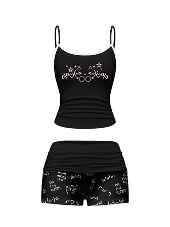 Cute & Kawaii Emoticon Print Lace Camisole & Ruched Shorts Pajama Set, Casual Loungewear