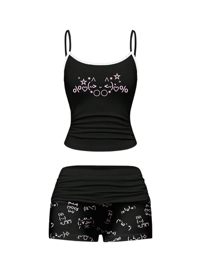 Cute & Kawaii Emoticon Print Lace Camisole & Ruched Shorts Pajama Set, Casual Loungewear