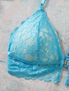 Elorette Women's Lace Patchwork Sexy Daily Halter Neck Bra - Blue - View 3