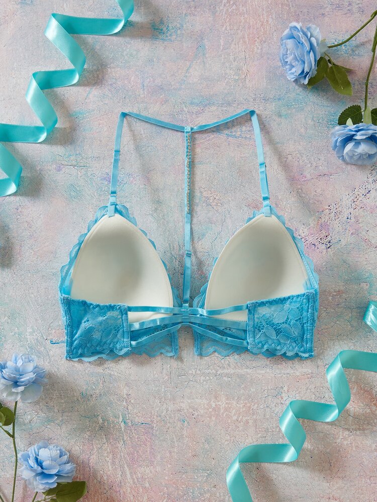 Elorette Women's Lace Patchwork Sexy Daily Halter Neck Bra - Blue - View 2