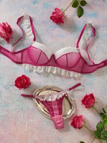 Elorette 2pcs Fuchsia Underwire Lace Patchwork Ruffle Romantic Sweet Women's Lingerie Set - Hot Pink - View 3