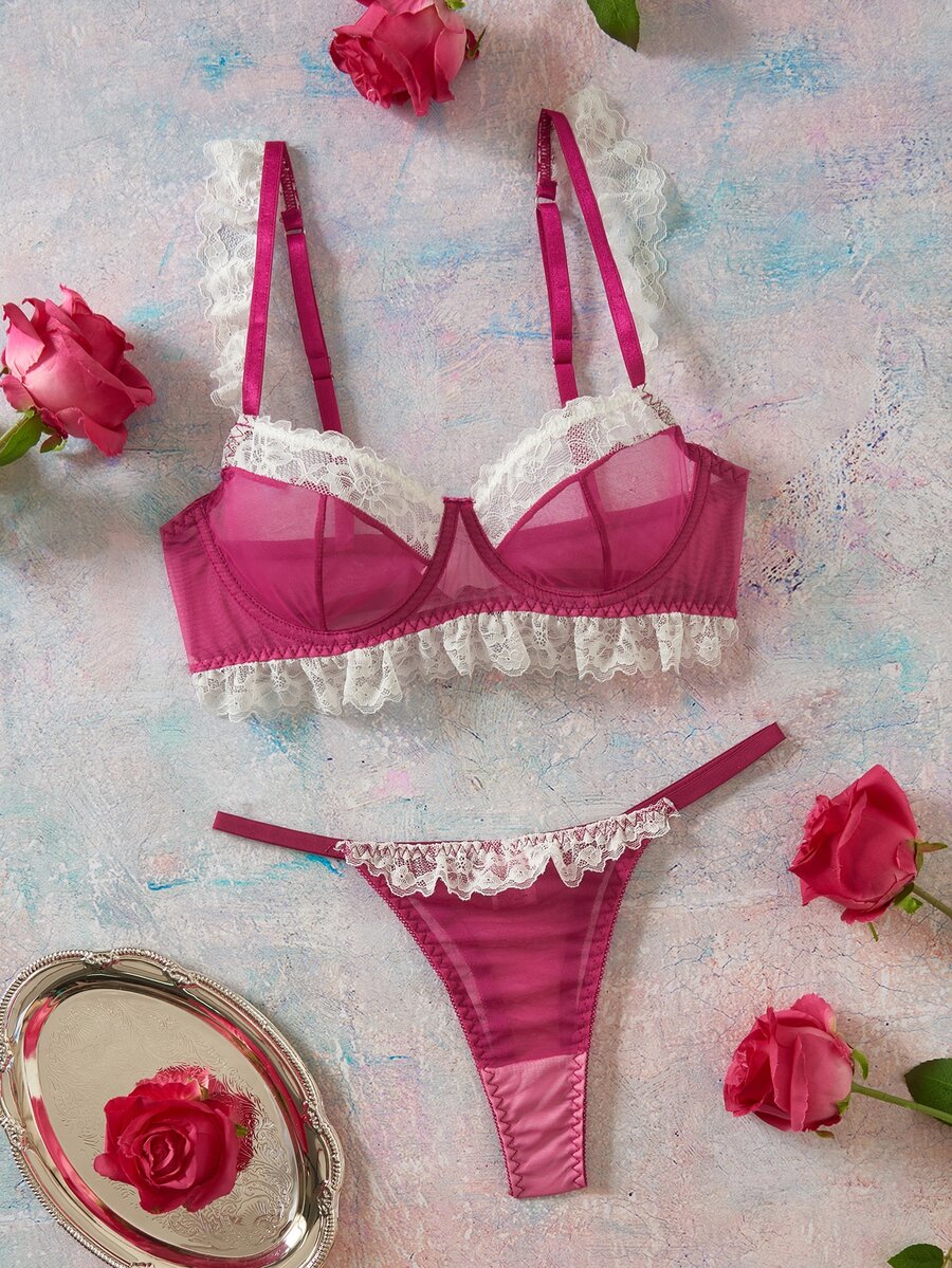 Elorette 2pcs Fuchsia Underwire Lace Patchwork Ruffle Romantic Sweet Women's Lingerie Set - Hot Pink - View 1