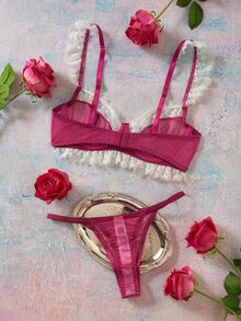 Elorette 2pcs Fuchsia Underwire Lace Patchwork Ruffle Romantic Sweet Women's Lingerie Set - Hot Pink - View 2