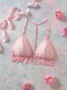 Elorette Floral Lace Metal Chain Front-Closure Bralette Women's Bra - Pink - View 3
