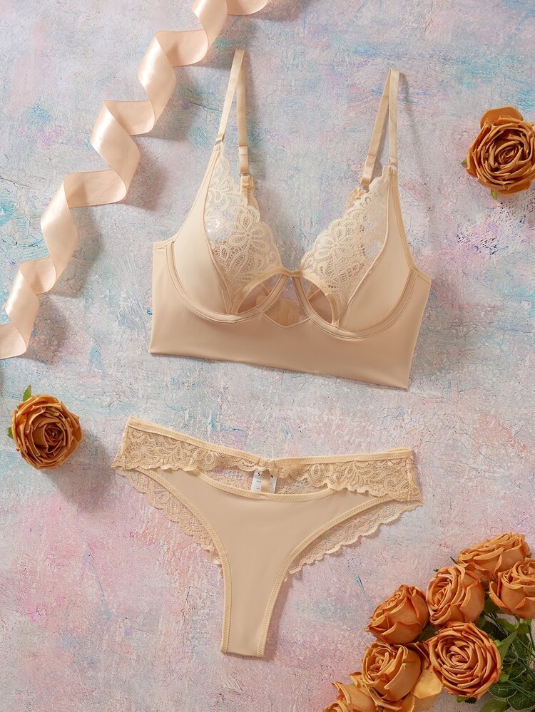 Elorette Women's Lace Patchwork Hollow Out Sexy Lingerie Set - Apricot - View 3