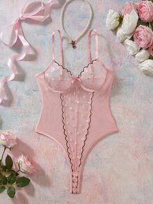 Elorette Pink Embroidered Slimming Cut-Out Floral Pattern Romantic Pastoral Women's Jumpsuit - Pink - View 3
