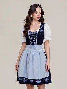 Fairmaia 3pcs Women's Set: Tie-Strap Ruched Embroidered Patchwork Ruffle Sleeve Top, Printed Tie-Waist Dress, Apron, Beer Festival Outfit - Navy Blue - View 4