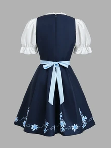 Fairmaia 3pcs Women's Set: Tie-Strap Ruched Embroidered Patchwork Ruffle Sleeve Top, Printed Tie-Waist Dress, Apron, Beer Festival Outfit - Navy Blue - View 6