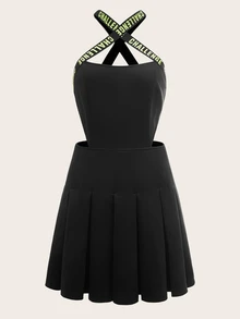 SHEIN ICON 素色字母織帶細節露背交叉洋裝 - 黑色 - 查看 3