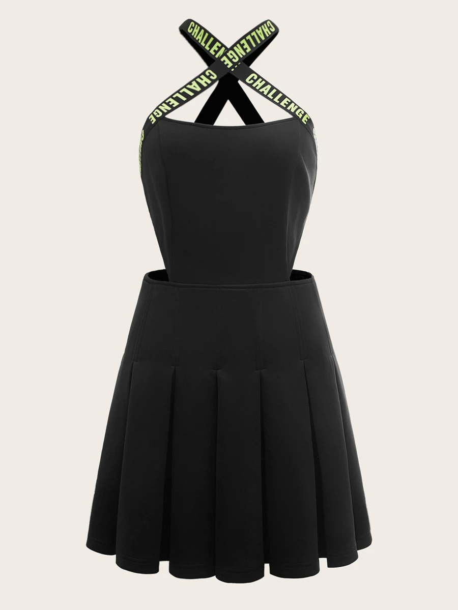 SHEIN ICON Solid Letter Tape Detail Crisscross Backless Dress - Black - View 1