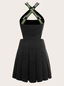 SHEIN ICON 素色字母織帶細節露背交叉洋裝 - 黑色 - 查看 2