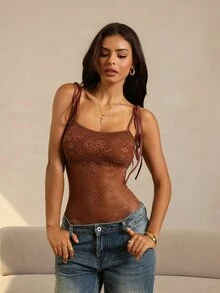 HautHeat Women's Lace Sexy Daily Home Wear Camisole Jumpsuit - Coffee Brown - View 7
