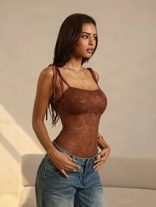 HautHeat Women's Lace Sexy Daily Home Wear Camisole Jumpsuit - Coffee Brown - View 3