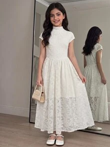 SHEIN Tween女孩優雅杏色高領中長版提花針織蕾絲洋裝，立領洋裝 - 杏色 - 查看 10