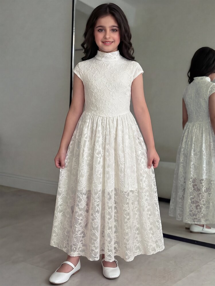 SHEIN Gaun Rajut Jacquard Panjang Sedang Warna Aprikot Elegan dengan Kerah Tegak untuk Anak Perempuan Remaja - Aprikot - View 7