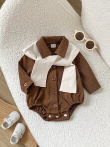 SHEIN Playful Pals Toddler Baby Boy Romper Bodysuit Cute Preppy Brown White Tied Shawl Scarf Button Long Sleeve Shirt Collar Party Fall Birthday Boy Cozy First Birthday - Brown - View 1