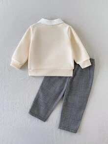 SHEIN Playful Pals 2件組男嬰 Polo 衫長褲套裝，學院風可愛杏色小熊仿兩件式格紋長袖翻領休閒款，適合生日派對、秋季慢跑、周歲生日、復古風 - 白色 - 查看 2