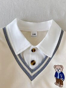SHEIN Playful Pals 2件組男嬰 Polo 衫長褲套裝，學院風可愛杏色小熊仿兩件式格紋長袖翻領休閒款，適合生日派對、秋季慢跑、周歲生日、復古風 - 白色 - 查看 12