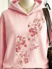 Lalippa 女款寬鬆連帽衛衣，休閒極簡優雅風，適合日常穿著，秋冬女裝上衣，最新時尚花卉圖案衛衣 - 粉色 - 查看 4