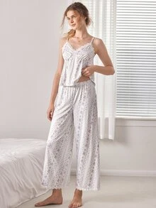 Ocili 女士浪漫花卉撞色蕾丝边阔腿睡衣套装 - 彩色 - 查看 2