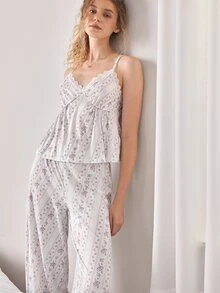 Ocili 女士浪漫花卉撞色蕾丝边阔腿睡衣套装 - 彩色 - 查看 4