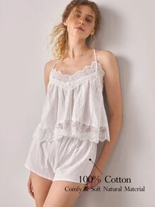 Ocili Bohemian Style 100% Cotton Camisole & Shorts Pajama Set For Women - White - View 1
