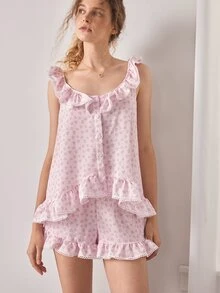 Ocili Ditsy Floral Sleeveless Ruffle Trim Women's Pajama Set - Baby Pink - View 5