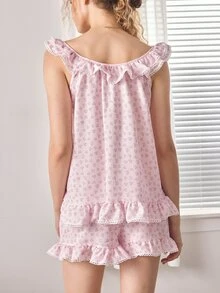Ocili Ditsy Floral Sleeveless Ruffle Trim Women's Pajama Set - Baby Pink - View 3