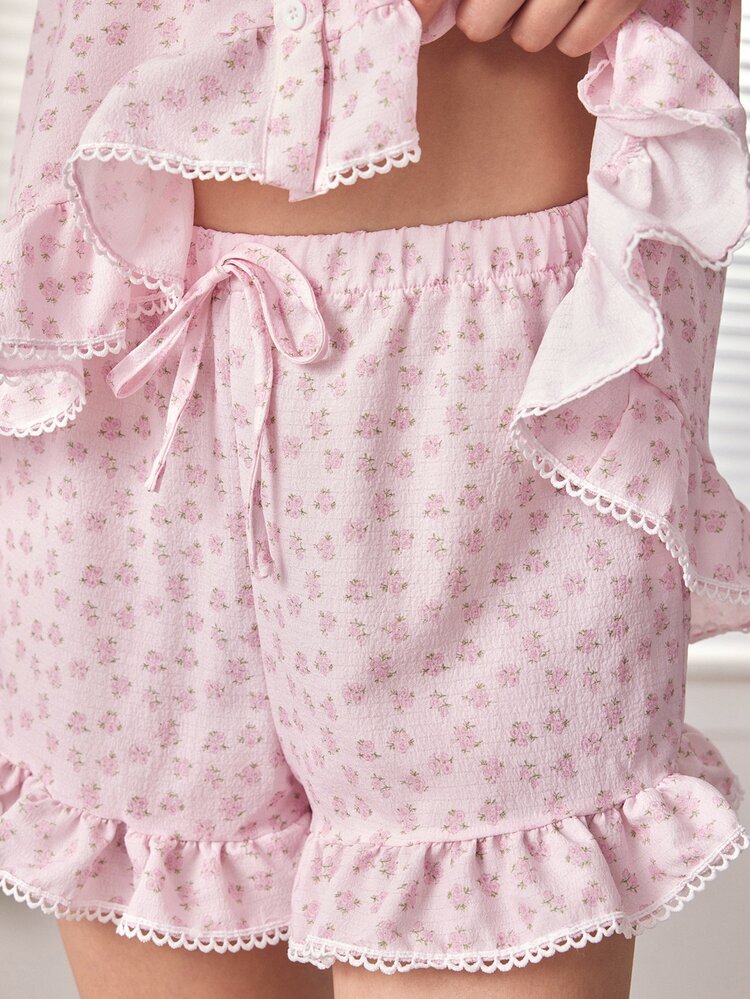 Ocili Ditsy Floral Sleeveless Ruffle Trim Women's Pajama Set - Baby Pink - View 7