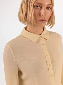 KÆRIA Hus 女款 Polo 上衣 柔觸感垂墜羅紋 淡黃色 柔美休閒極簡 百搭 百搭款 適合辦公室秋季 優雅休閒 - 黃色 - 查看 5