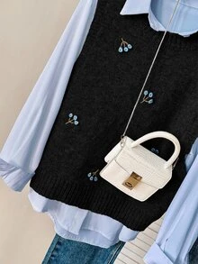 Solavon 女款花卉刺繡圓領針織背心 秋冬款 - 黑色 - 查看 5