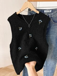 Solavon 女款花卉刺繡圓領針織背心 秋冬款 - 黑色 - 查看 2