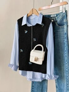 Solavon 女款花卉刺繡圓領針織背心 秋冬款 - 黑色 - 查看 3